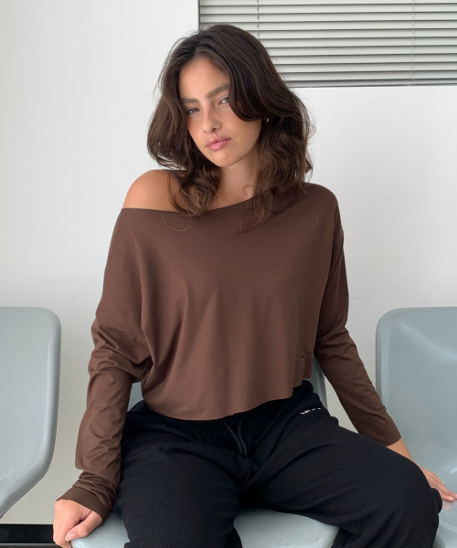 Boat Neck Long Sleeve Top коричневый