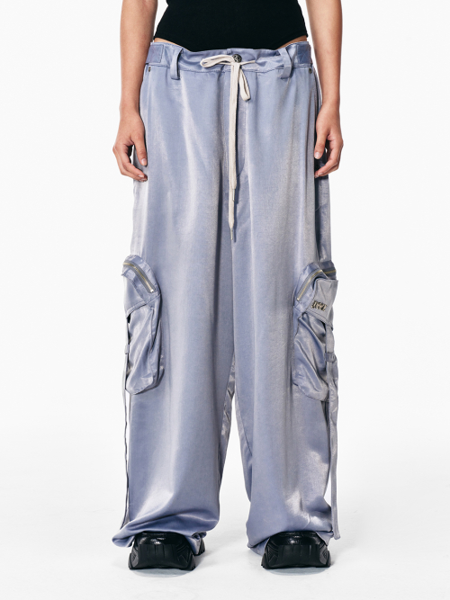 GLOSSY POCKET WIDE SLACKS GREY