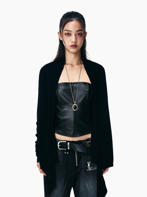 DRAPED BUTTON-DETAIL OPEN CARDIGAN BLACK