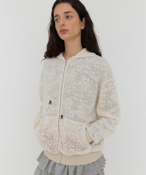 CATHY FLOWER LACE HOODIE ZIP-UP - CREAM