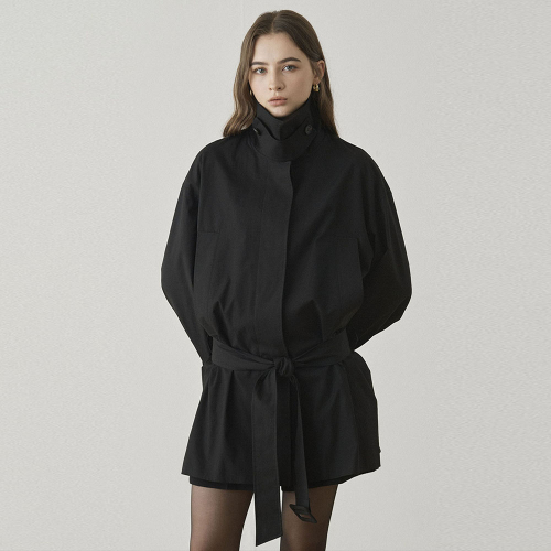 OVERSIZE BELTED HALF COAT - BLACK