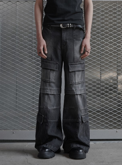 Multi Pocket Cargo Flare Denim Pants - Black