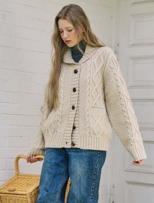 Aran shawl collar alpaca cardigan - beige