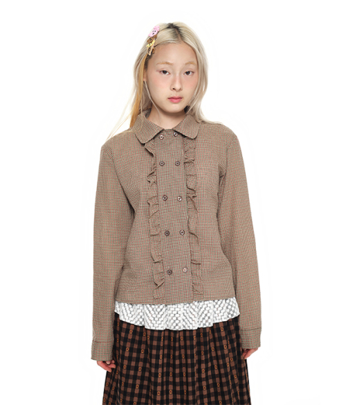 Double Button Frill Check Shirt_brown