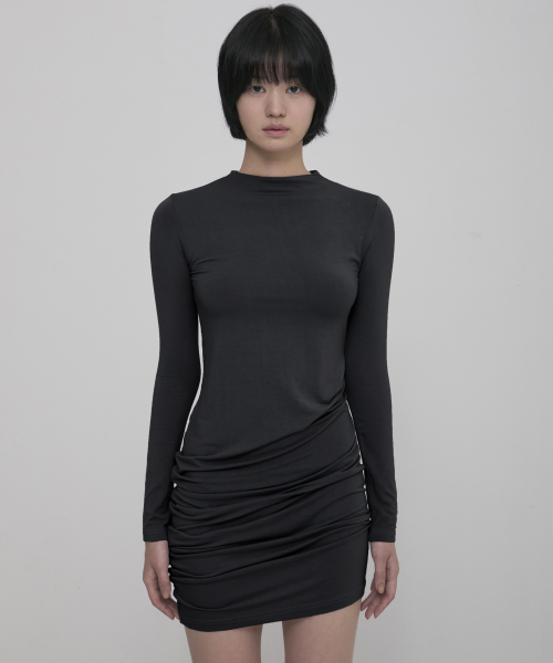 플레어업() Asymmetrical Draped Mock Neck Dress (FL-192_Black) 상품 이미지