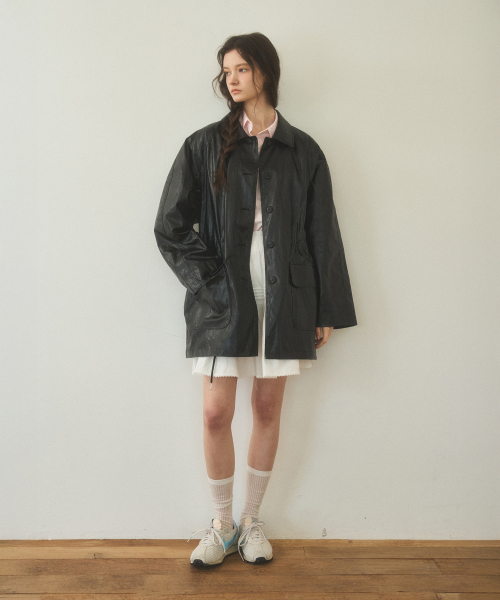 trench leather half jacket_black