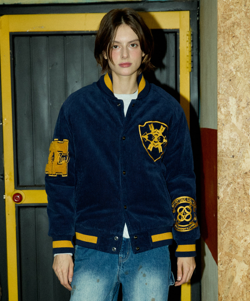 Вельветовый бомбер оверсайз Varsity 5704 с нашивками Navy