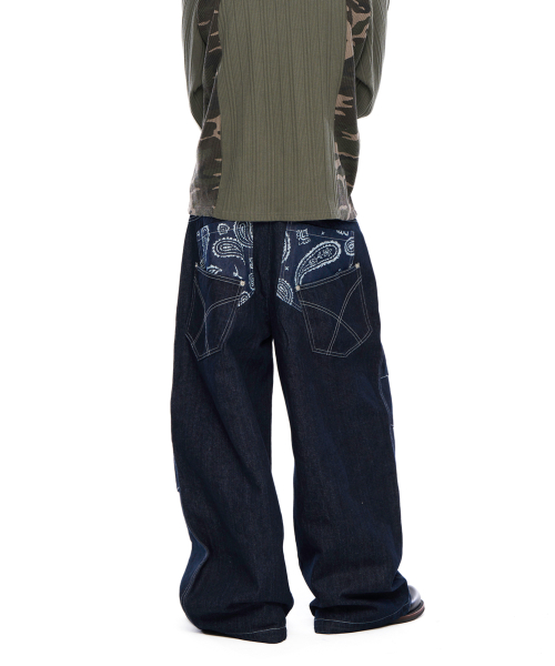 아캄(AAKAM) Knee Pin-Tuck Paisley Denim Pants (Black) - 사이즈