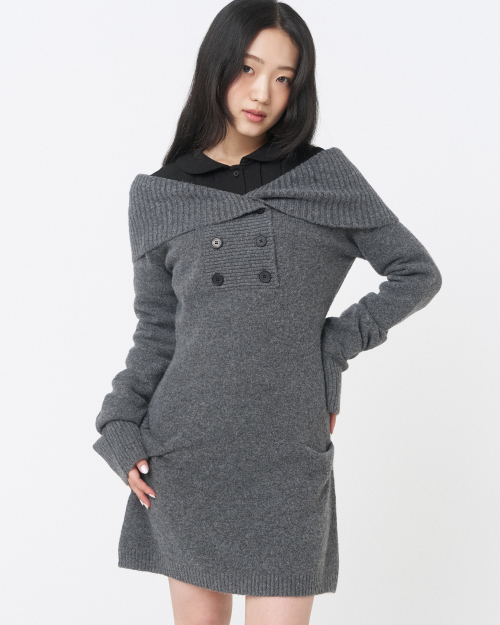 MUSINSA | MISEKI SEOUL double button knit one piece DARK GREY