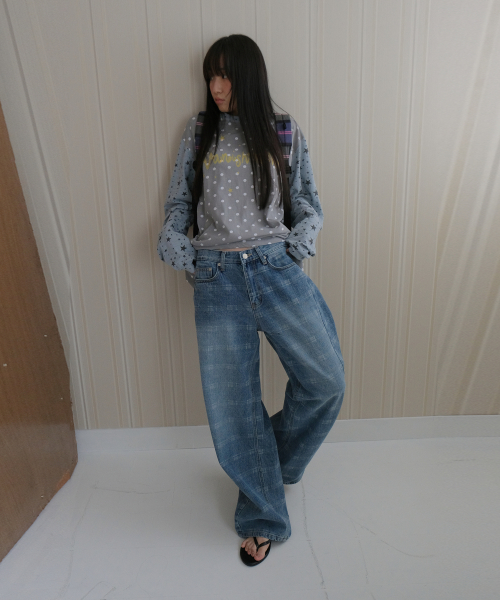Curved check denim_washed синий