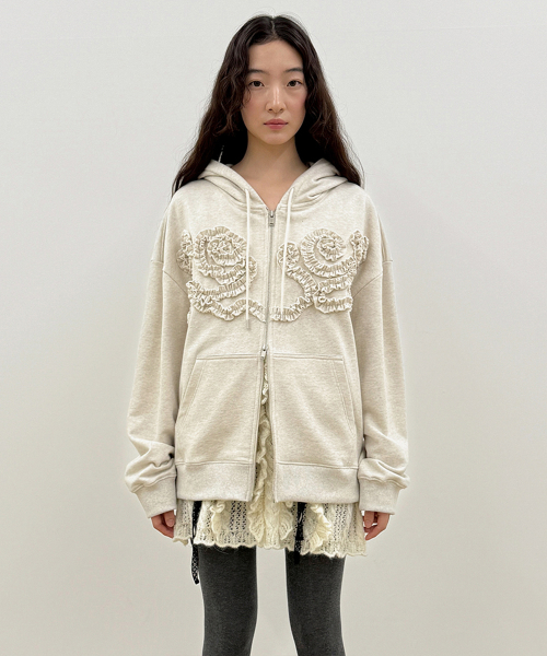 시눈(SINOON) Rose Frill Oversized-Fit Hooded Zip-Up (Black 시눈(SINOON) Rose Frill Oversized-Fit Hooded Zip-Up (Black