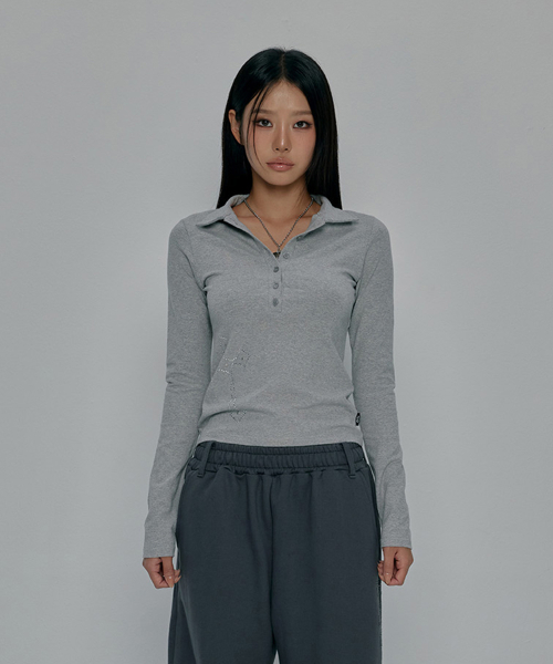 CROSS BUTTON COLLAR LONG SLEEVE_GREY