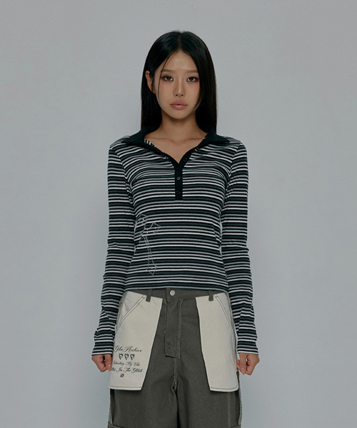 CROSS BUTTON COLLAR STRIPE LONG SLEEVE_CHARCOAL