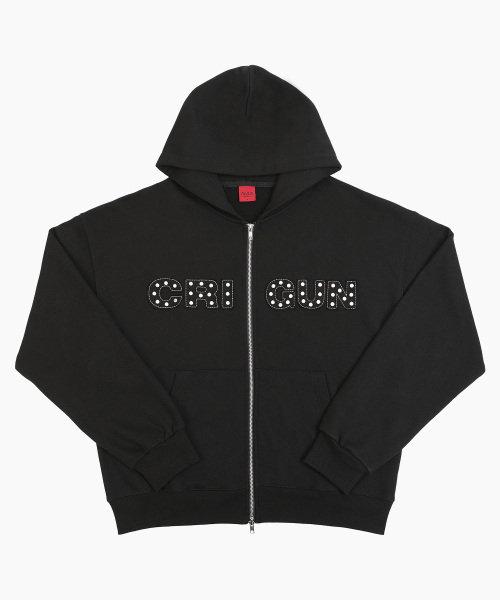 APPLIQUE RIVET ZIP UP HOODIE BLACK