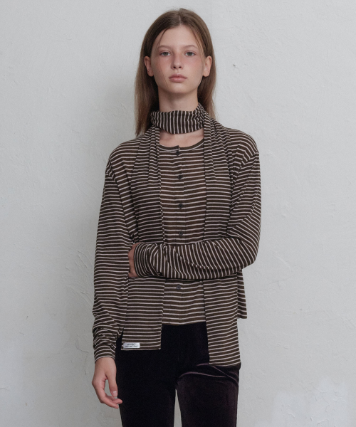 Stripe button длинный рукав-muffler SET (коричневый)