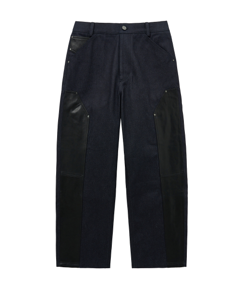 LEATHER MIX DENIM PANTS (DARK NAVY)