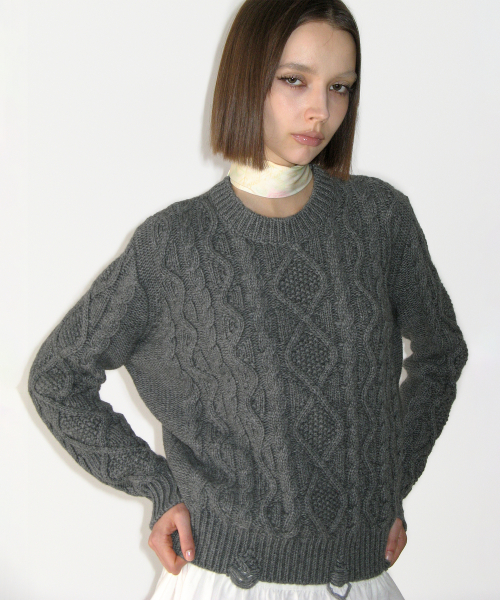 Damaged Cable Wool Knit, CHARCOAL