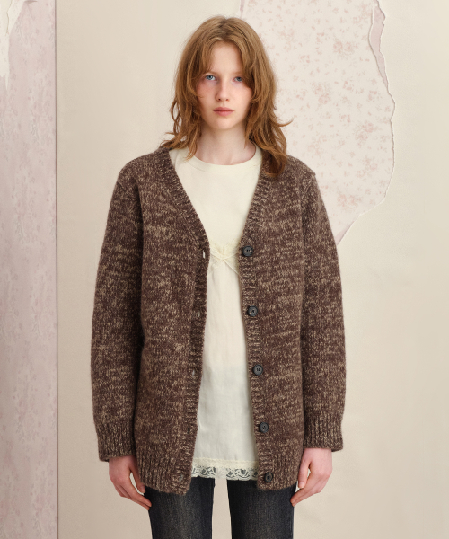 MOHAIR BLENDED OVERFIT CARDIGAN, BROWN