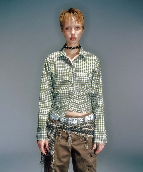 NIA BUTTON CHECK SHIRTS KHAKI