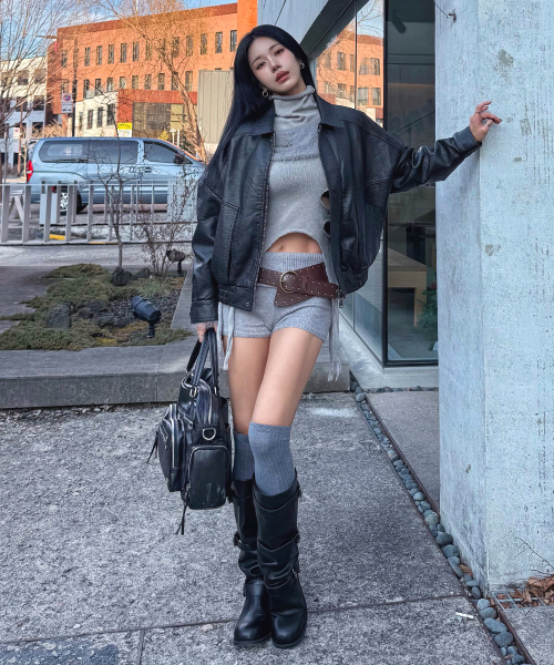 9211 кожаная куртка с эффектом стирки (BLACK)