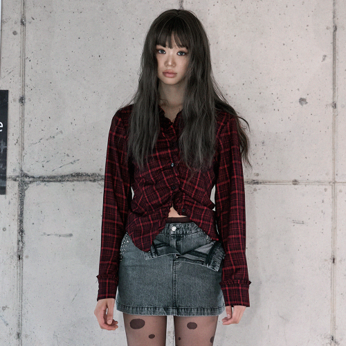 Приталенная рубашка в клетку FRILL SLIM CHECK SHIRT RED BR4WB002