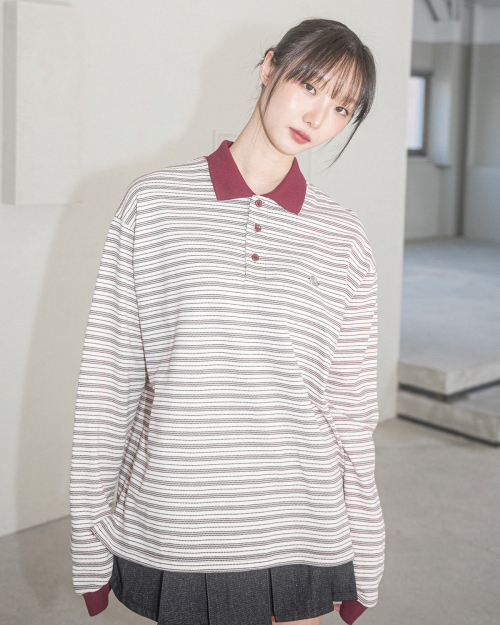 AURORA полоска COLLAR L/S TEE(айвори)