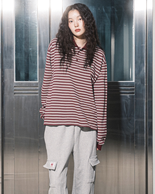 AURORA полоска COLLAR L/S TEE(WINE)