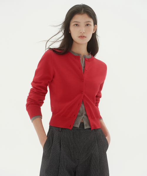 무신사 스탠다드 우먼() 우먼즈 워셔블 수피마 코튼 라운드 넥 가디건 [레드] 상품 이미지