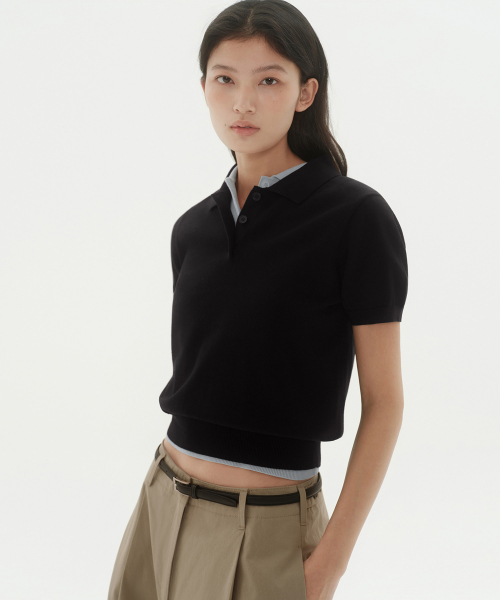 무신사 스탠다드 우먼() 우먼즈 워셔블 수피마 코튼 니티드 폴로 셔츠 [블랙] 상품 이미지