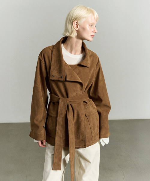 SUEDE FUNNEL NECK JACKET CAMEL BROWN