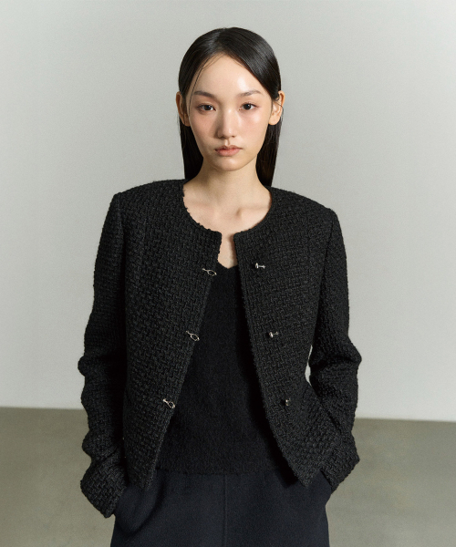 WOOL BLEND TOGGLE-FASTENING TWEED JACKET BLACK