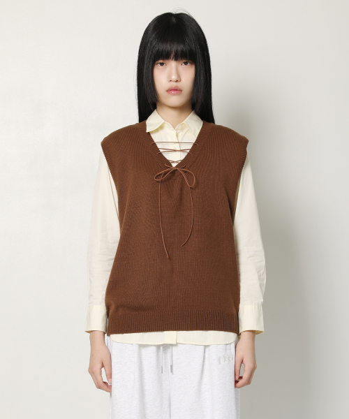 LACE UP KNIT VEST (BROWN)