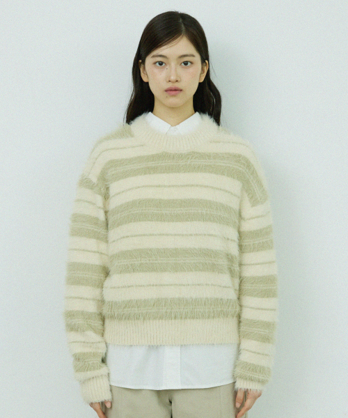 W HAIRY STRIPE PULLOVER SWEATER [IVORY]