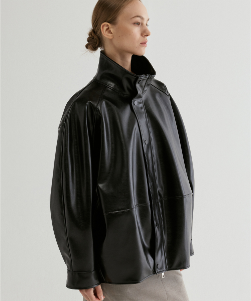 Pleated Back Faux Leather Jacket Black