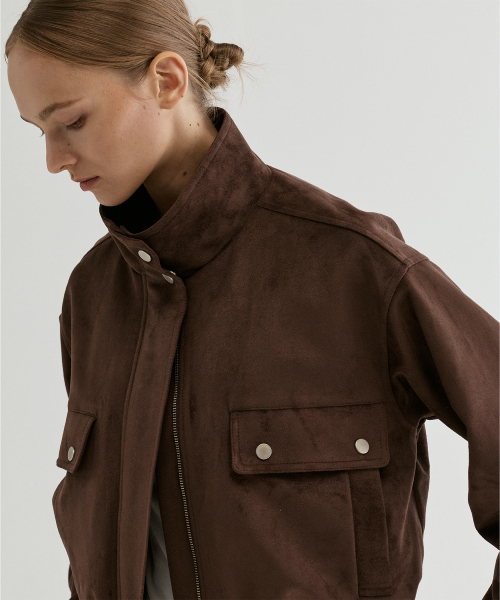 Suede Cropped Bomber Jacket Brown