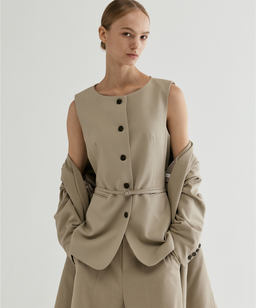 Belted Sleeveless Tailored Vest Beige