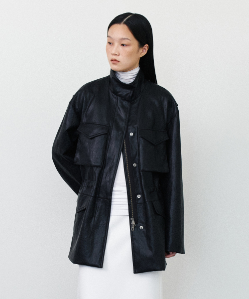 SAFARI HIGH NECK LEATHER JACKET - BLACK