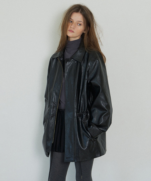 Leather Drawstring Half Jacket_Black