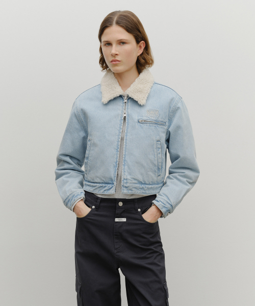 W CROP SHEARLING DENIM JACKET light blue