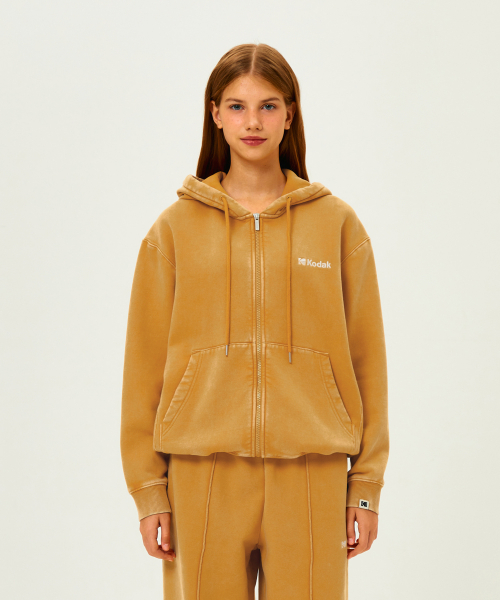 Утепленное худи на молнии с эффектом snow wash YELLOW