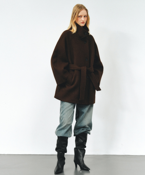 WOOL BELTED HALF COAT - BROWN