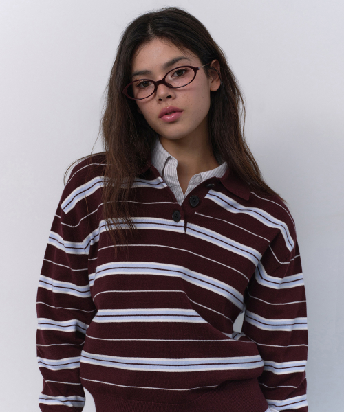 무신사 스탠다드 우먼() 우먼즈 멀티 스트라이프 칼라드 니트 [버건디] 상품 이미지