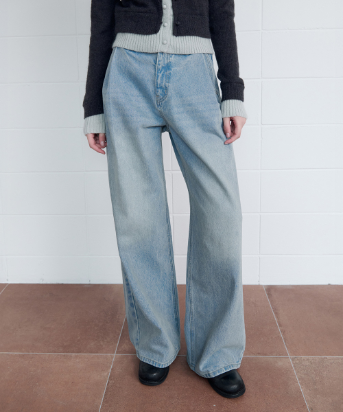 PINTUCK WIDE DENIM PANTS BLUE