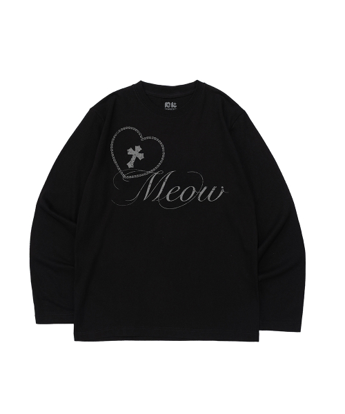 CROSS HEART MEOW PRINT LONG SLEEVE T - SHIRT (BLACK)
