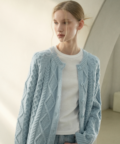 Wool Fisherman Knit Cardigan (sky blue)