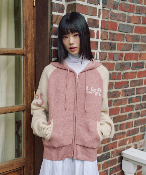 엘엠알() 드로잉 그래픽 니트 후드 집업 PINK 상품 이미지