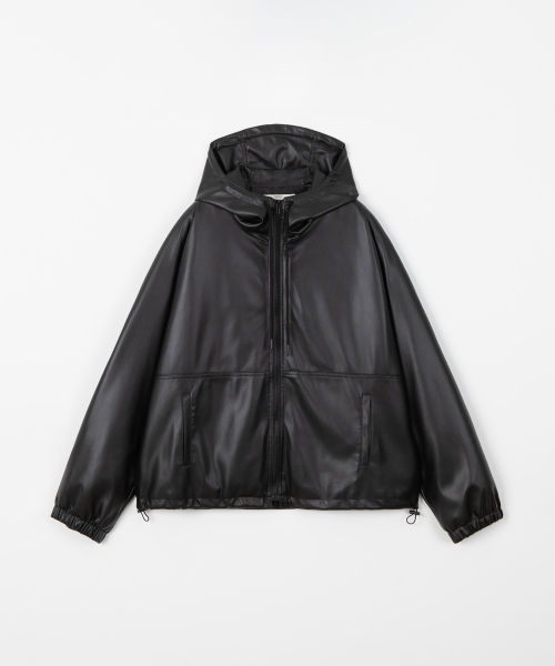 Leather hooded jumper - BLACK
