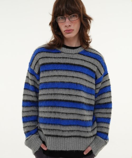 CR EMBLEM HAIRY STRIPE PULLOVER KNIT_BLUE