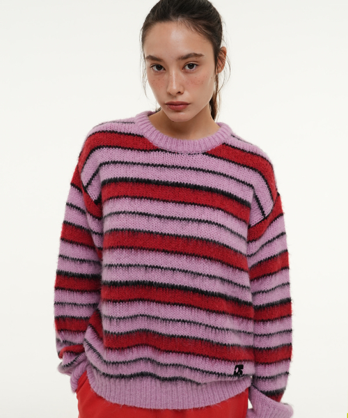 CR EMBLEM HAIRY STRIPE PULLOVER KNIT_PINK