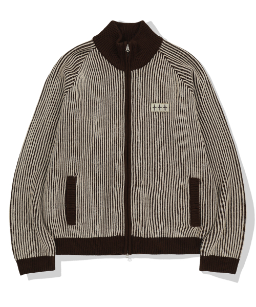 444 Logo Two Tone Rib Knit Zip Up - Beige